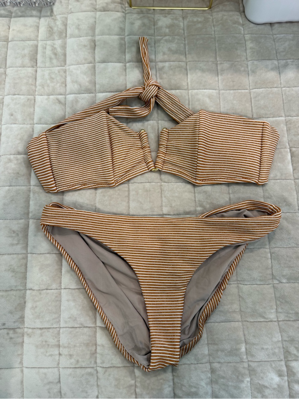 Striped Rust Tan Bandeau Bikini Set
